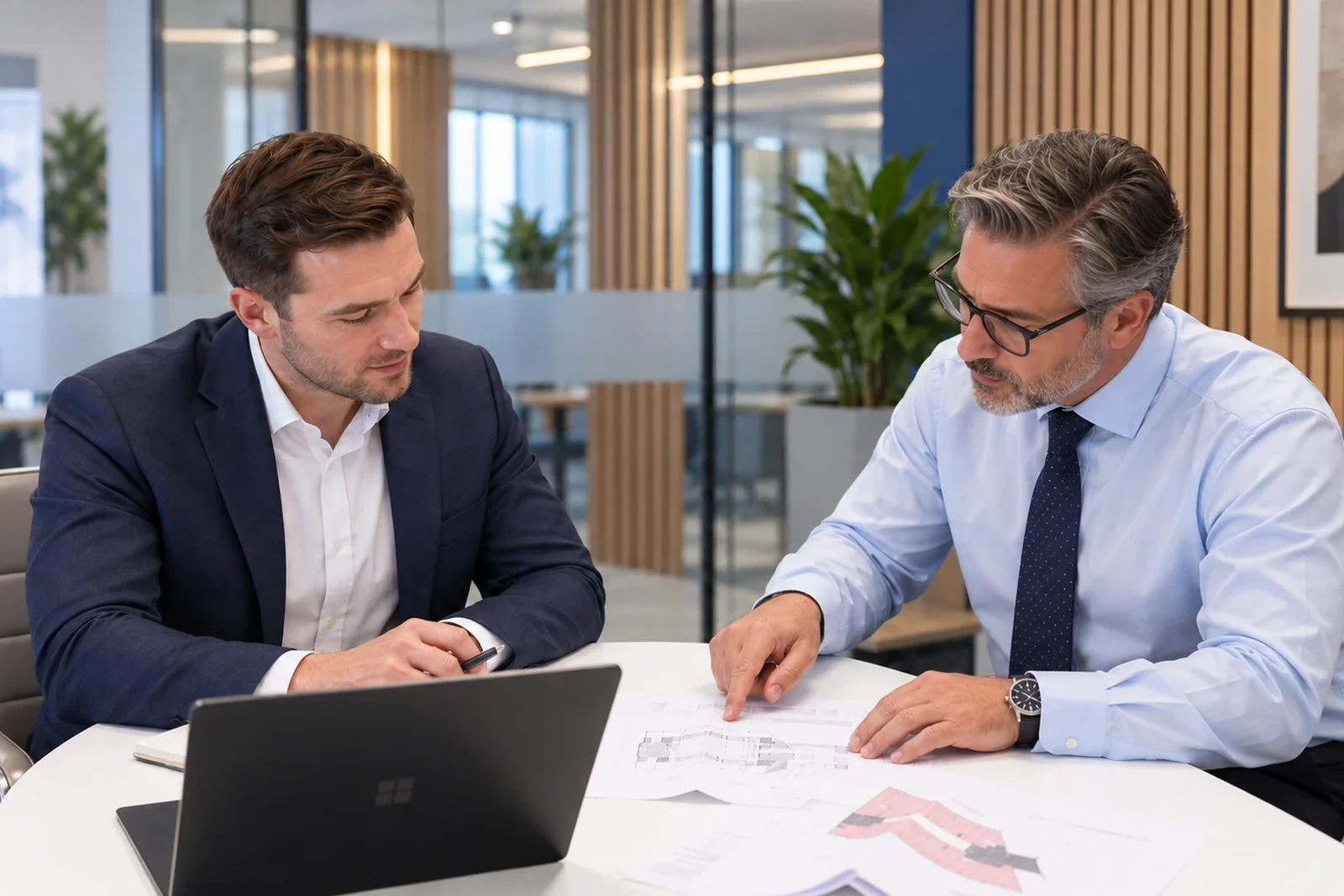 CIG team members discussing drawings in the office